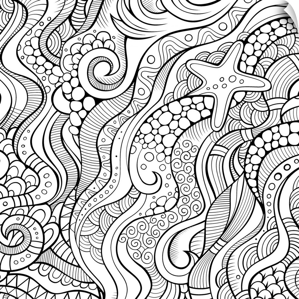 Ocean-themed design with patterned waves and a starfish. Perfect for Coloring Canvas.