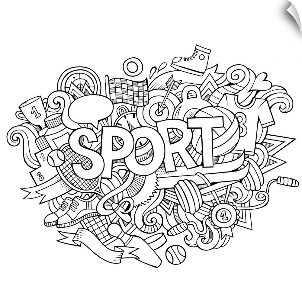 Several pieces of sports equipment such as weights, shoes, rackets, balls, and trophies, surrounding the word "Sport." Per...