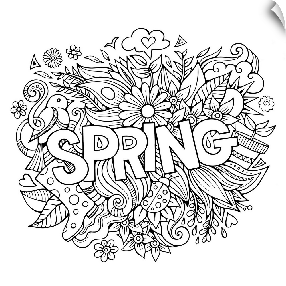 An assortment of Spring-themed items, such as flowers and birds. Perfect for Coloring Canvas.
