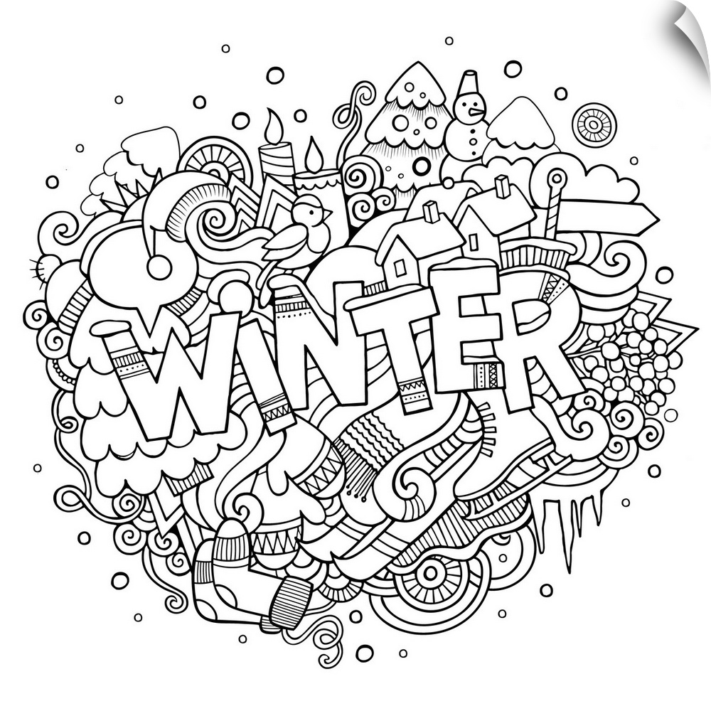 A series of winter-themed items, such as ice skates, snowflakes, and snowmen.