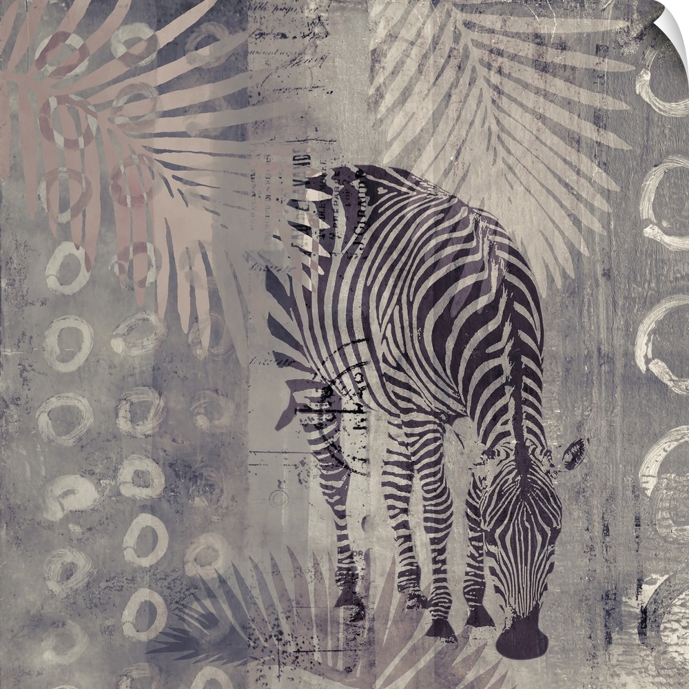 Modern mixed media art with wild zebra in muted and neutral colors.