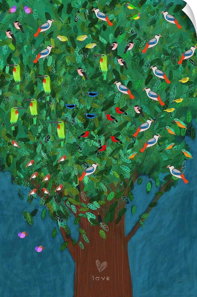 Birds in tree illustrated by artist Carla Daly.