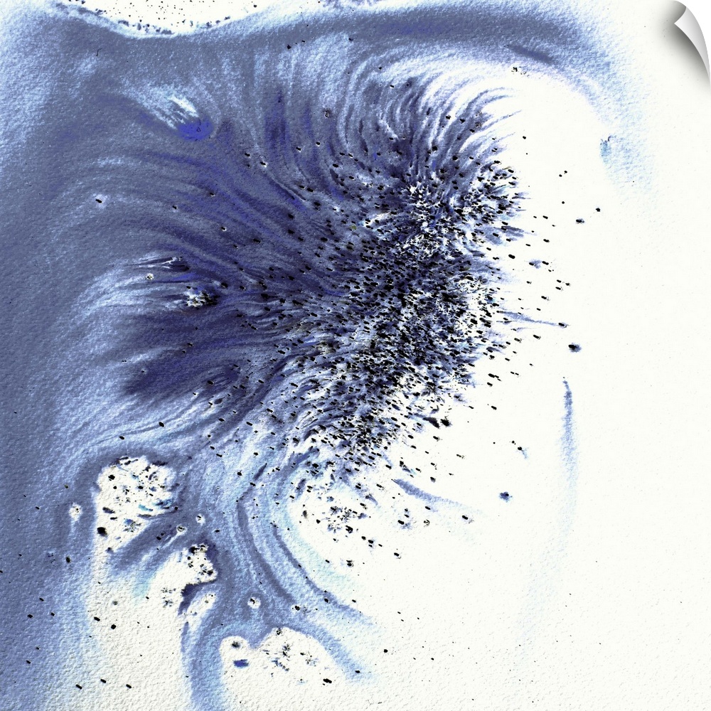 Abstract artwork in blue splashes and drips and flowing paint.
