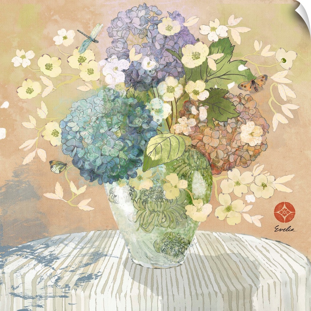 Artwork of beautiful flowers in a vase on a table.