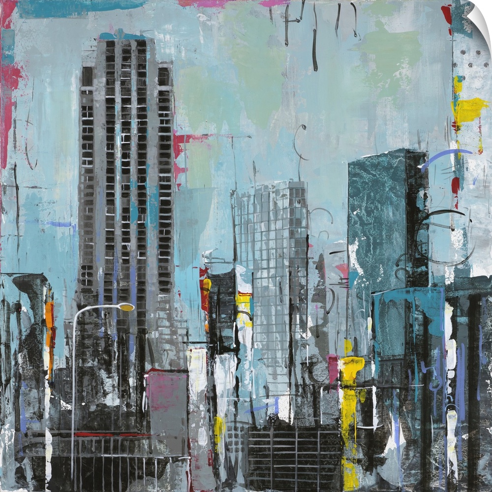 Contemporary artwork of New York skyscrapers with pops of bright contrasting colors.