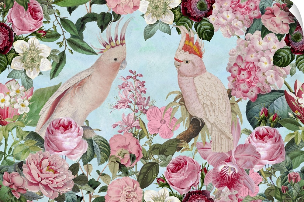 Vintage style illustration with cockatoo, flowers, and tropical plants.