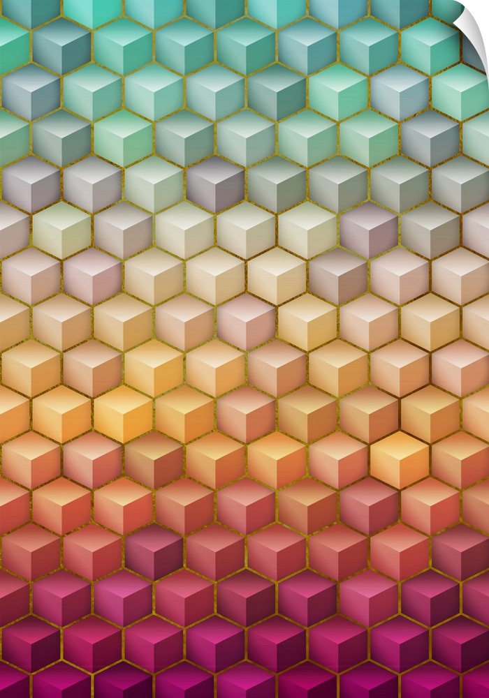Geometric cube pattern in green, pink, and yellow gradient colors.