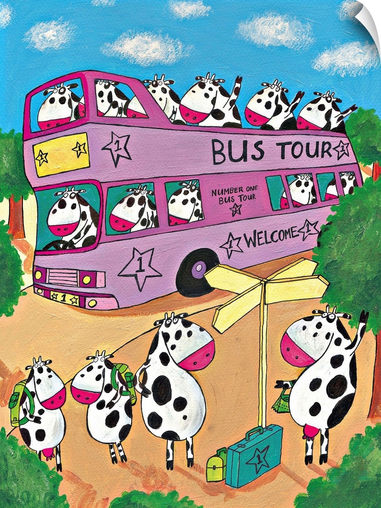 Cows take a trip on the bus. Illustrated wall art by artist Carla Daly.