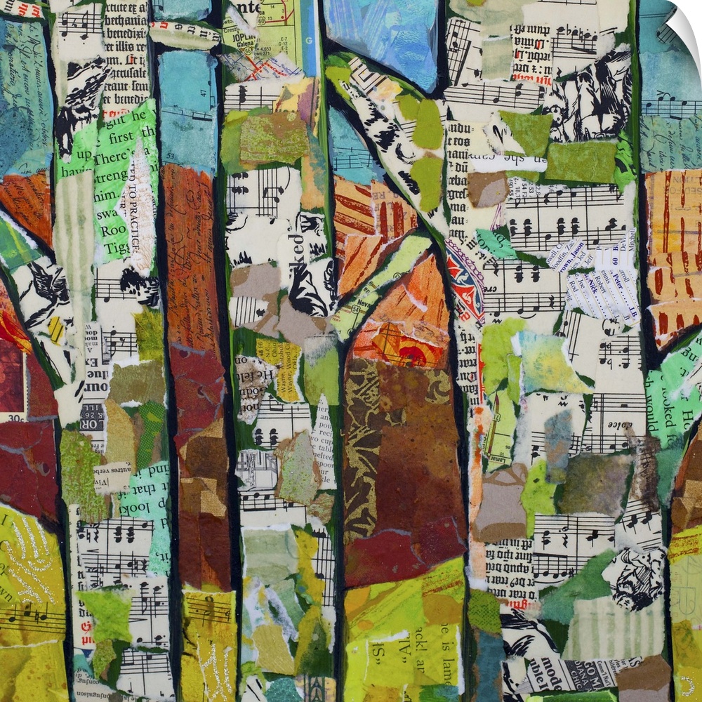 Painting of three trees with found collage elements.