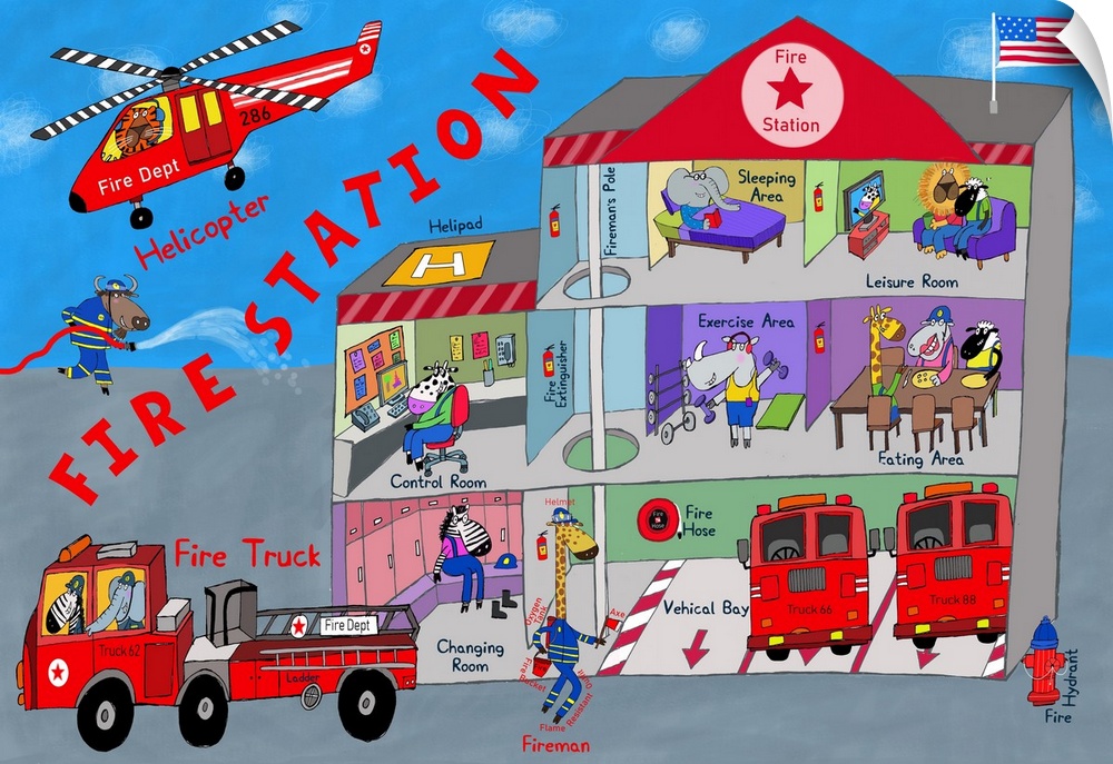 Illustration of fire station and firemen at work. Created by artist Carla Daly.
