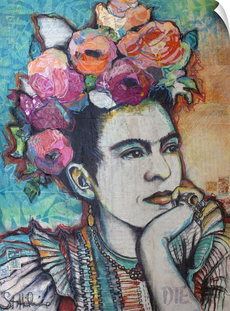 Frida Kahlo contemplating with side glance and floral headpiece in mixed media.