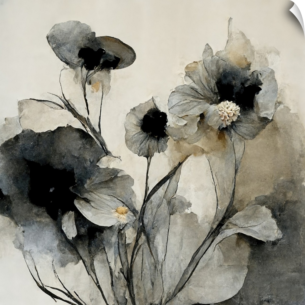 Gray and soft gold water color style abstract flowers