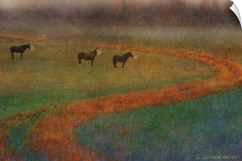 Contemporary artwork of three horses standing in a misty field.