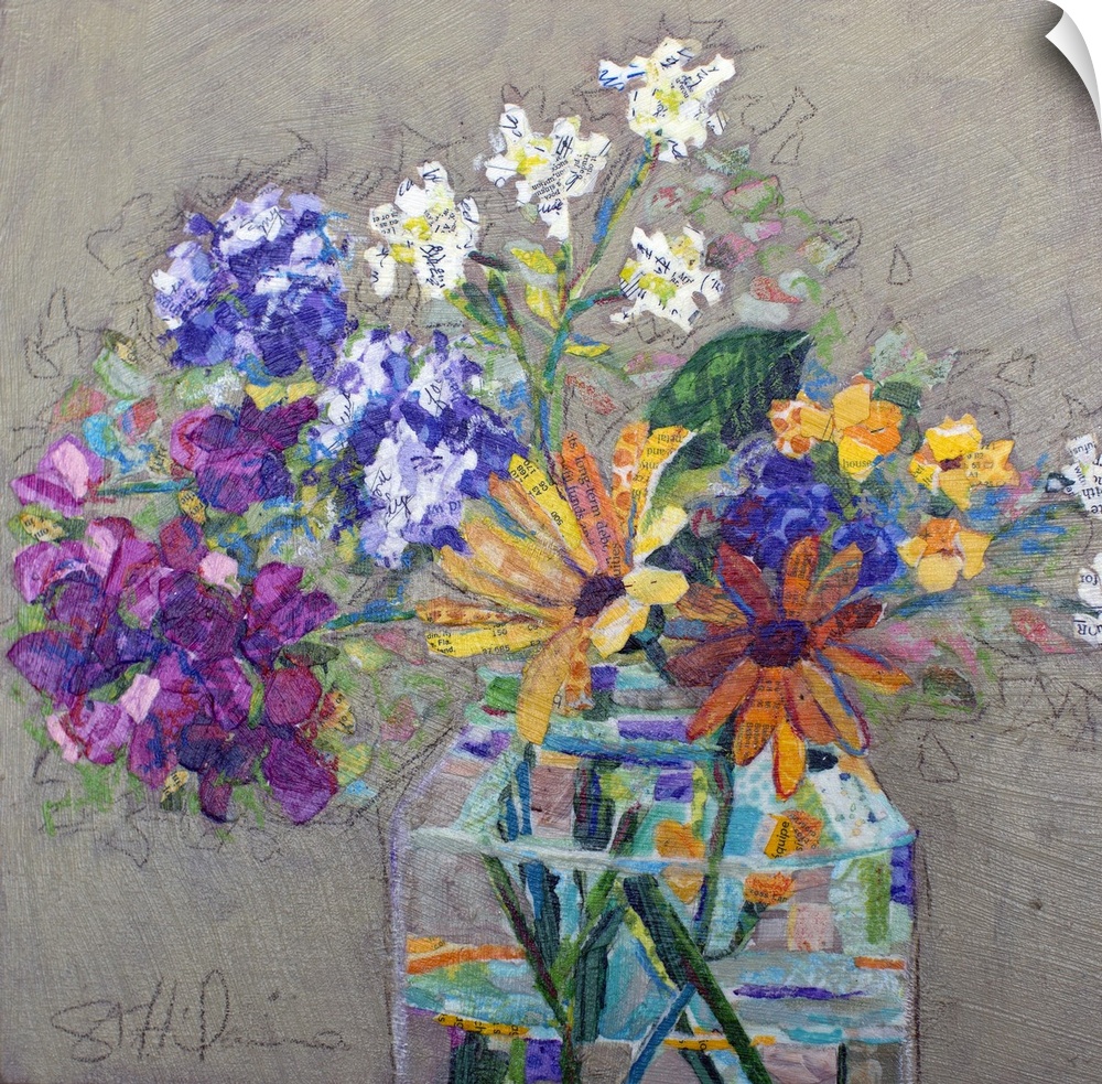 Colorful wildflowers in a glass jar on a neutral background, created with mixed media collage of hand painted papers.
