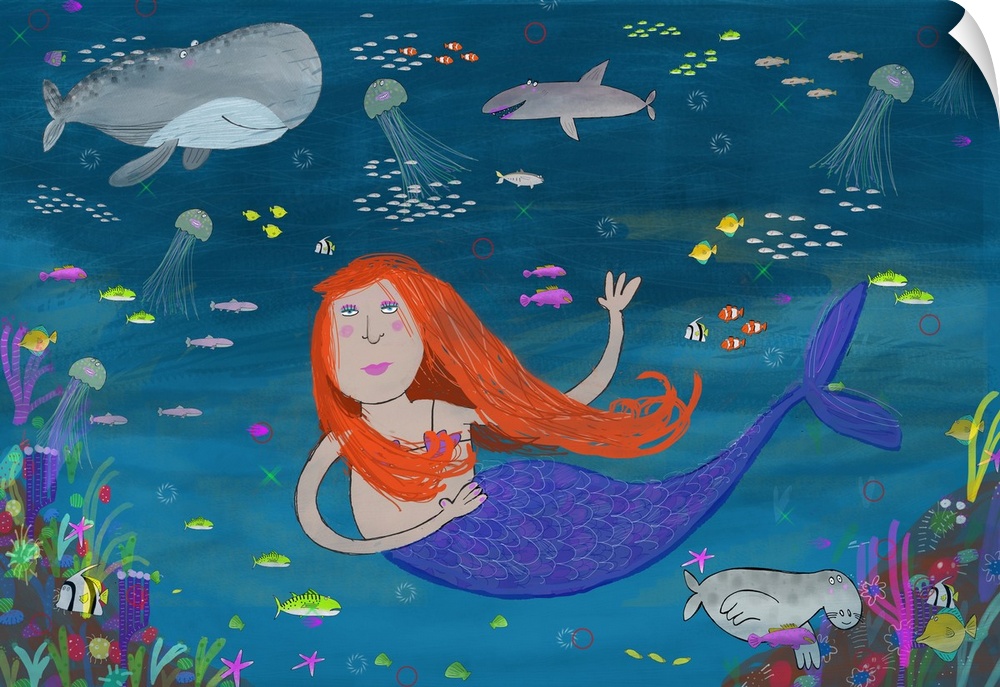 Underwater scene of mermaid, illustrated by illustrator Carla Daly