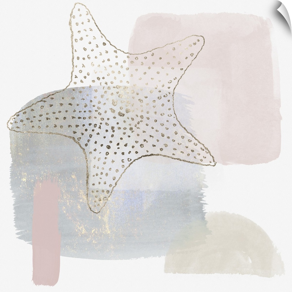 Watercolor abstract starfish print in soft pastel shades of rose gold, pewter silver, blue gray, dusty pink, and tan with ...