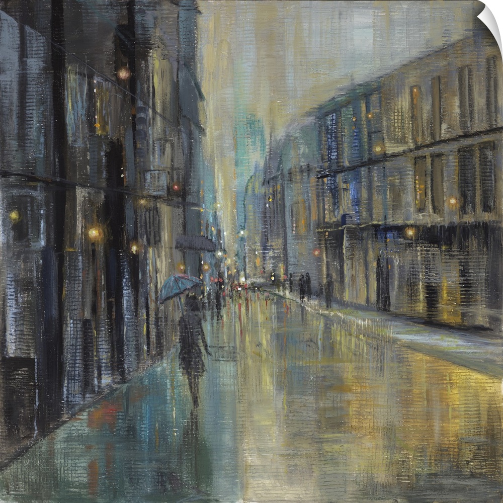 Contemporary painting of a woman walking in the rain on a quiet city street at night.