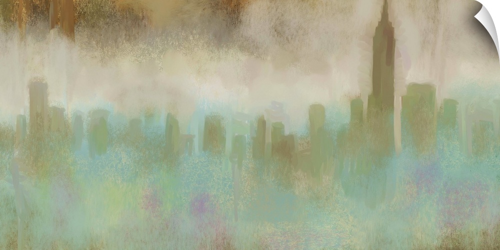 Contemporary painting of the New York City skyline in a soft blue and beige mist.