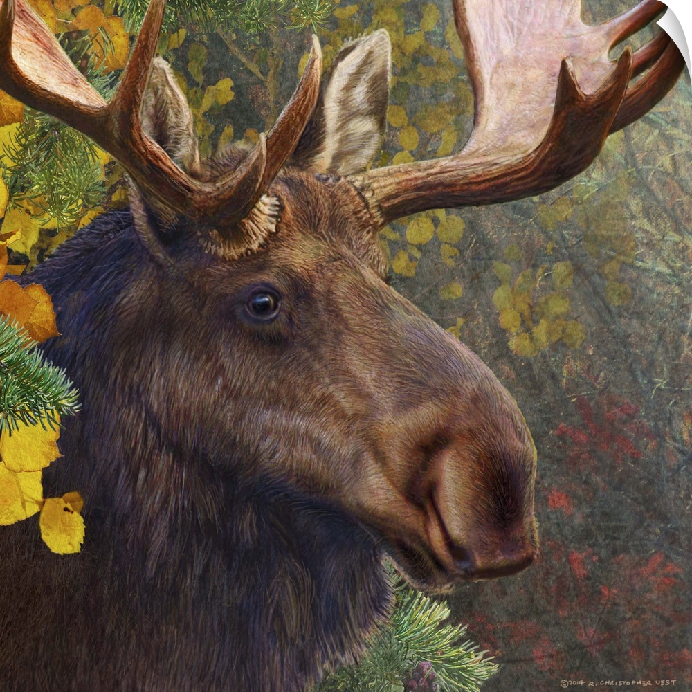 Contemporary artwork of a moose standing under cover of trees.