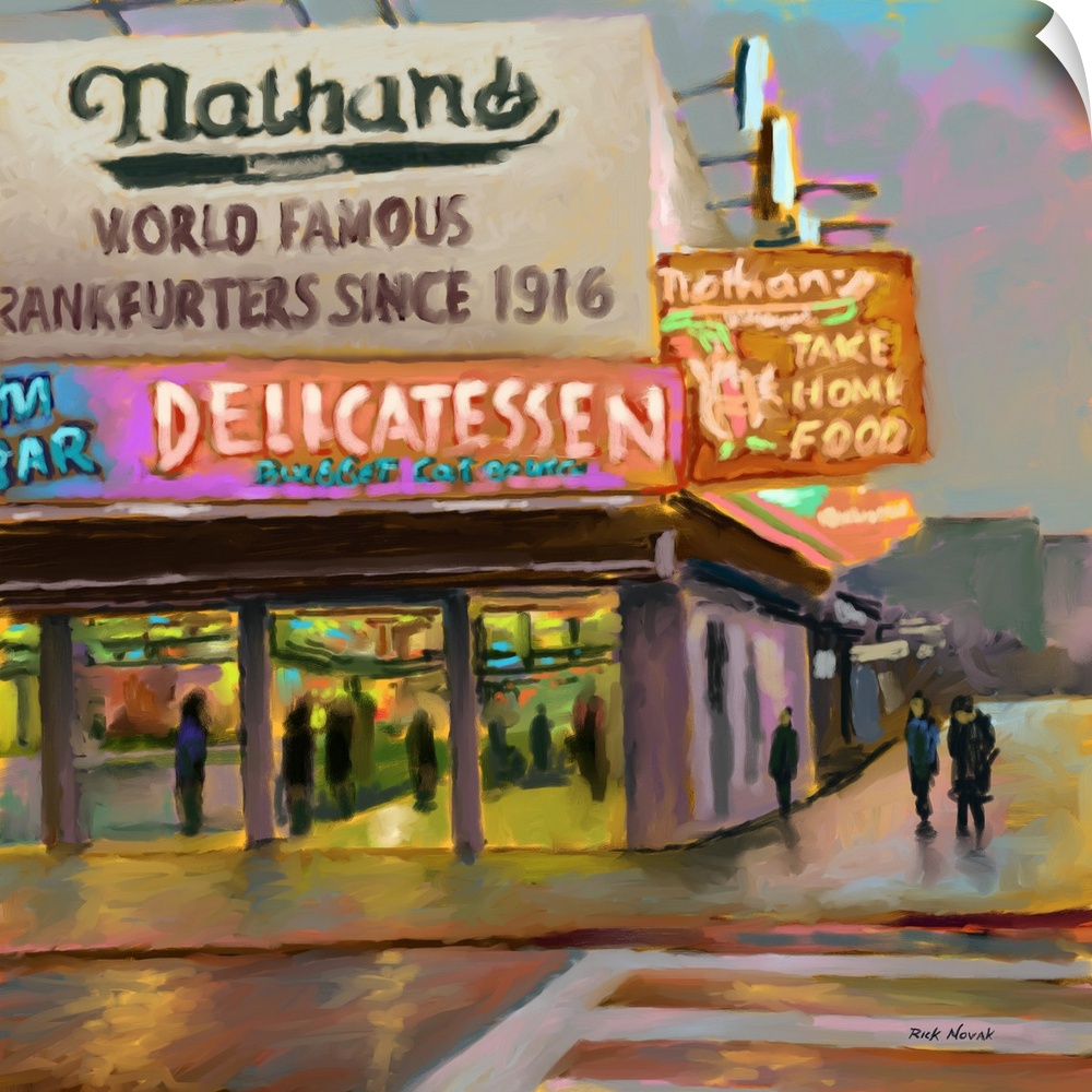 Art print of the neon signs for Nathan's Famous Hot Dogs, a Coney Island staple.