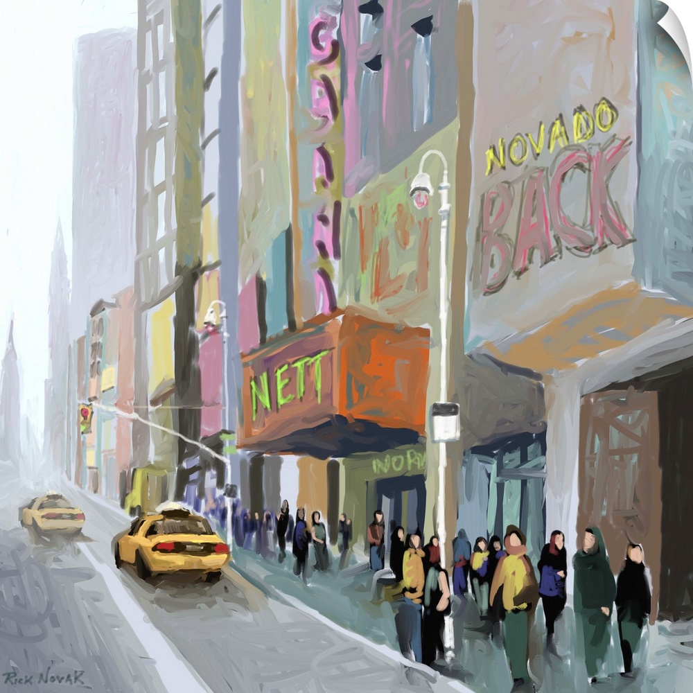 Contemporary art print of people and taxis in a New York City street on a misty day.