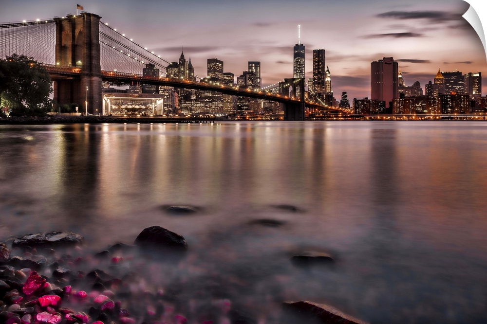 A photograph of the NYC skyline at sunset.