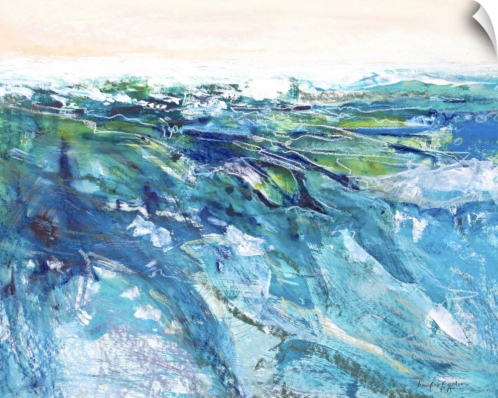 Contemporary seascape painting of deep blue and green ocean waves with white foam.