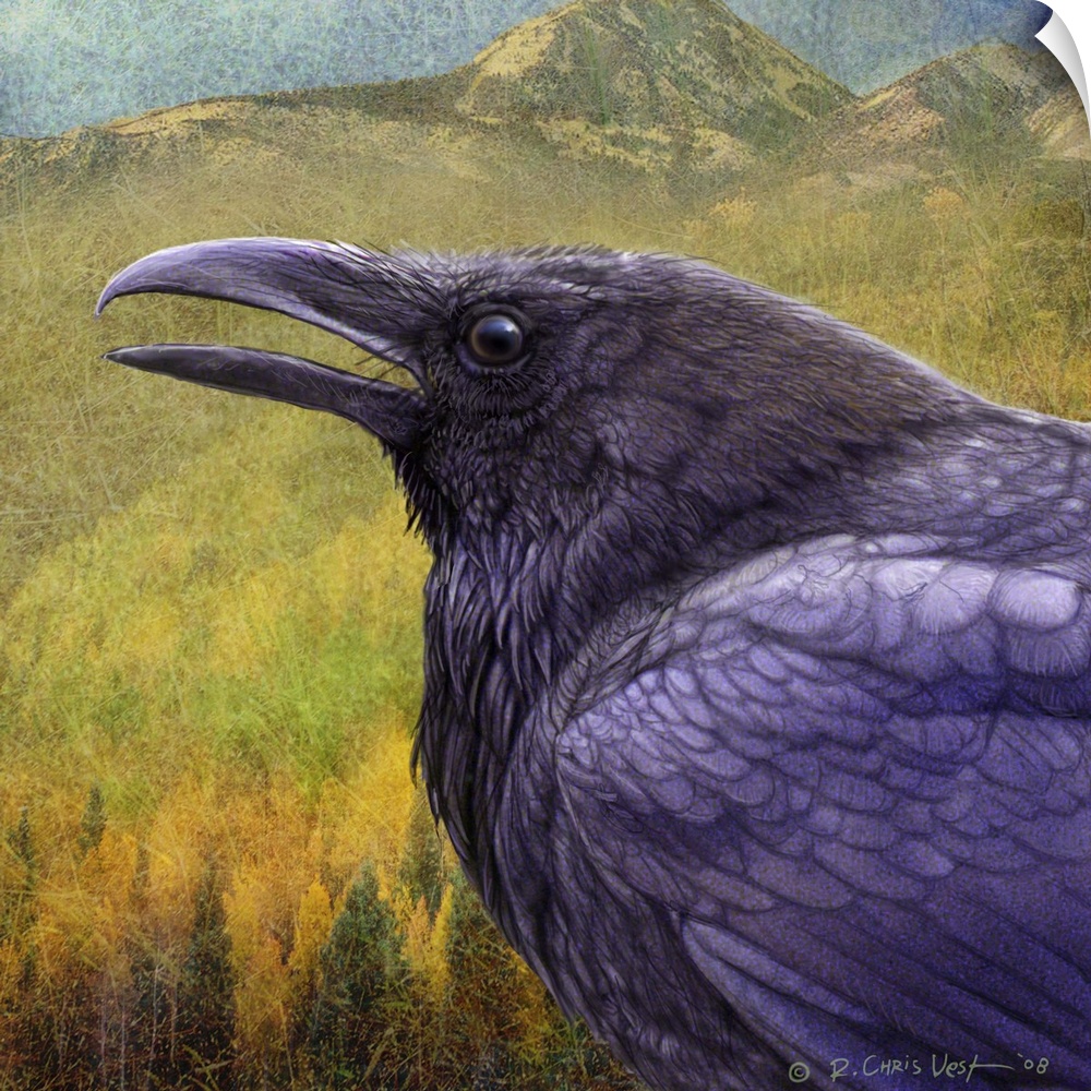 Contemporary artwork of an old raven close-up.
