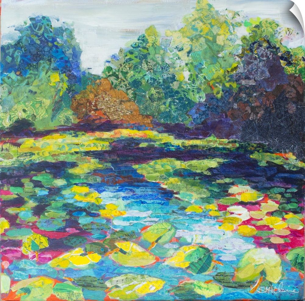 Bright contemporary art of the tropical Wekiva River in Florida, with colorful leaves and flowers.