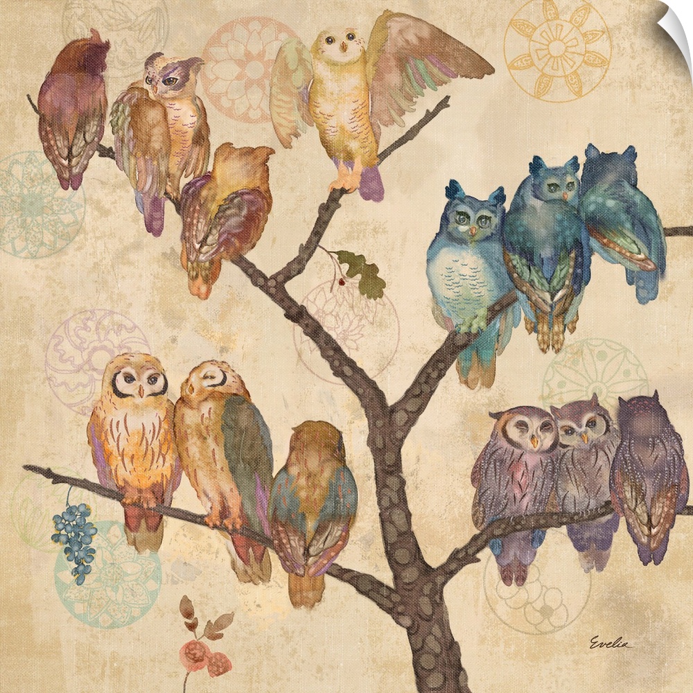 Contemporary artwork of a group of owls perched on branches of a tree.