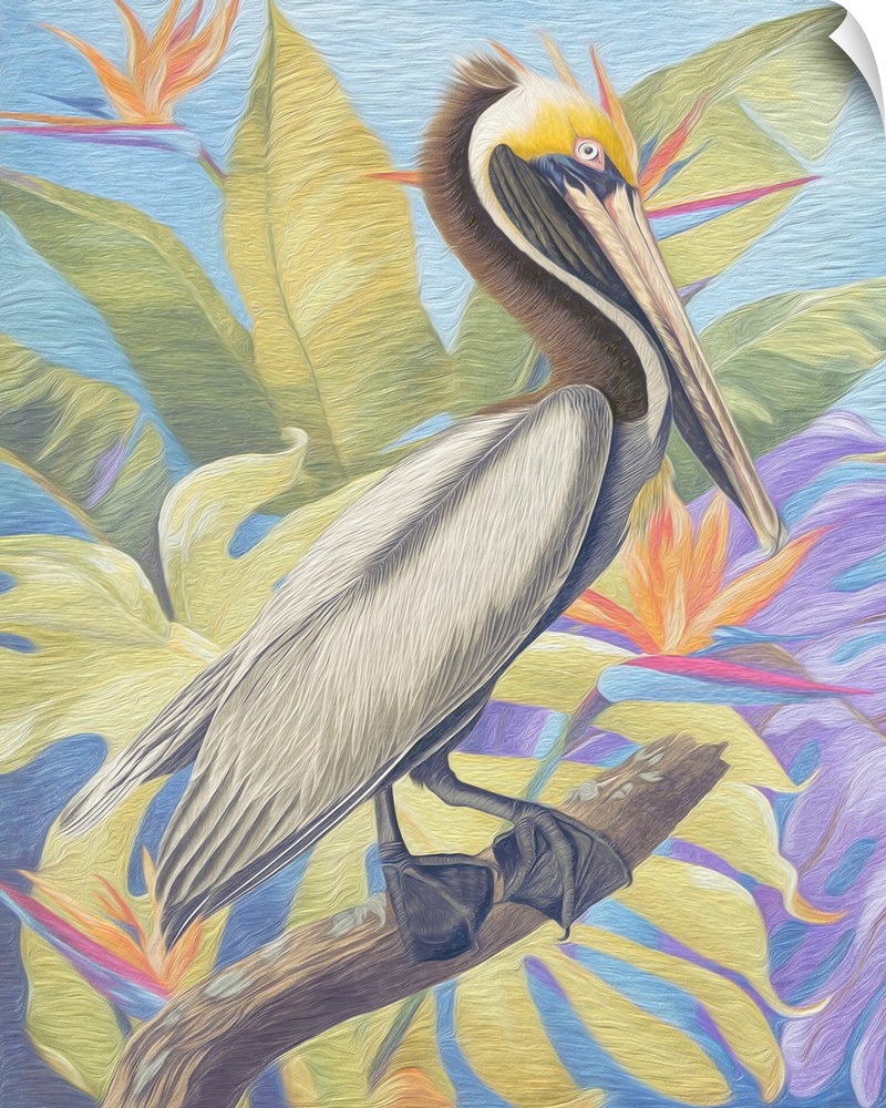 A painterly textured rendition of a vintage pelican on a branch with tropical vegitation in the background.