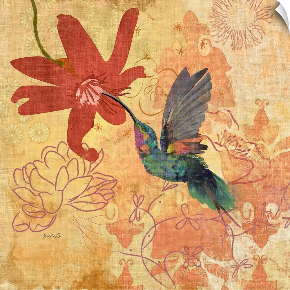 Artwork of a bright green hummingbird hovering up to a flower, against a rustic floral background.