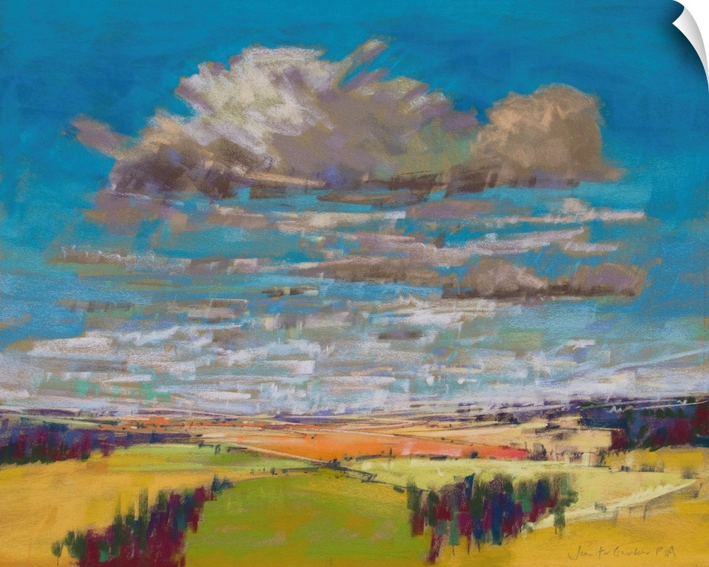 Pastel landscape painting of English countryside with trees, fields and clouds.