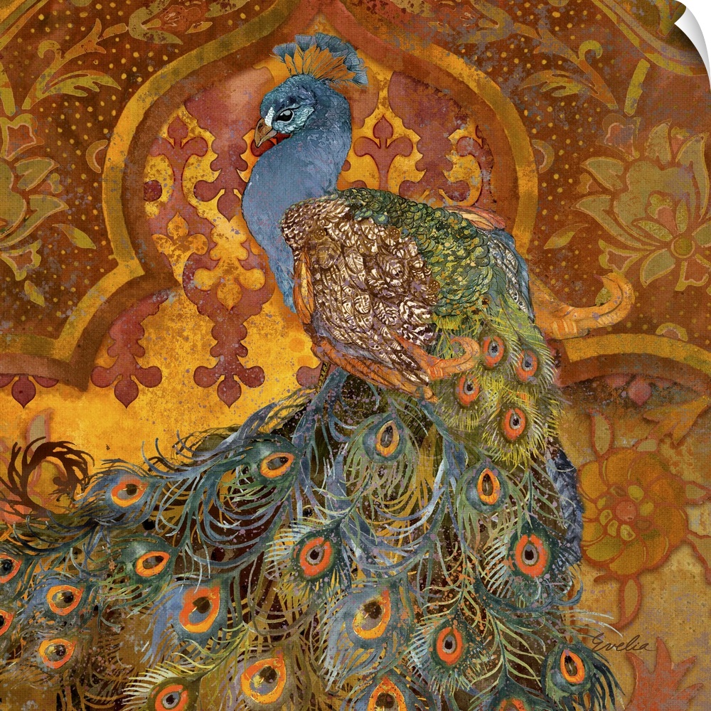Vibrant contemporary artwork of a peacock against an ornate floral pattered background.