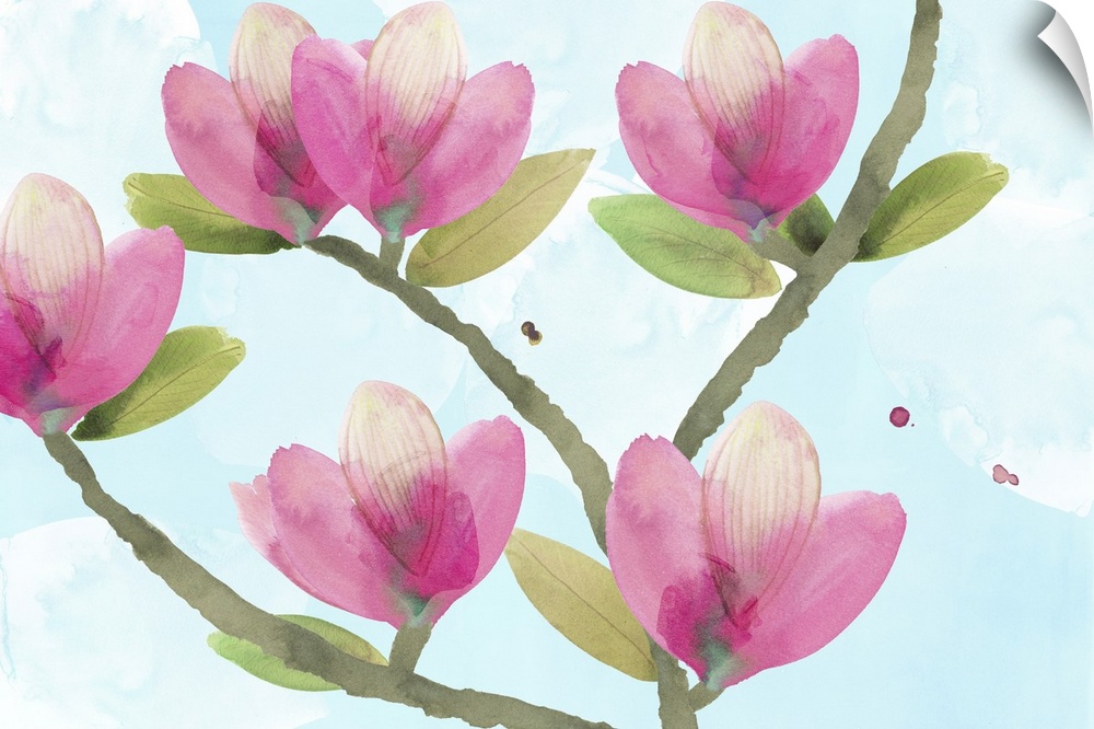 Abstract floral painting bright pink magnolia flowers on a tree branch.