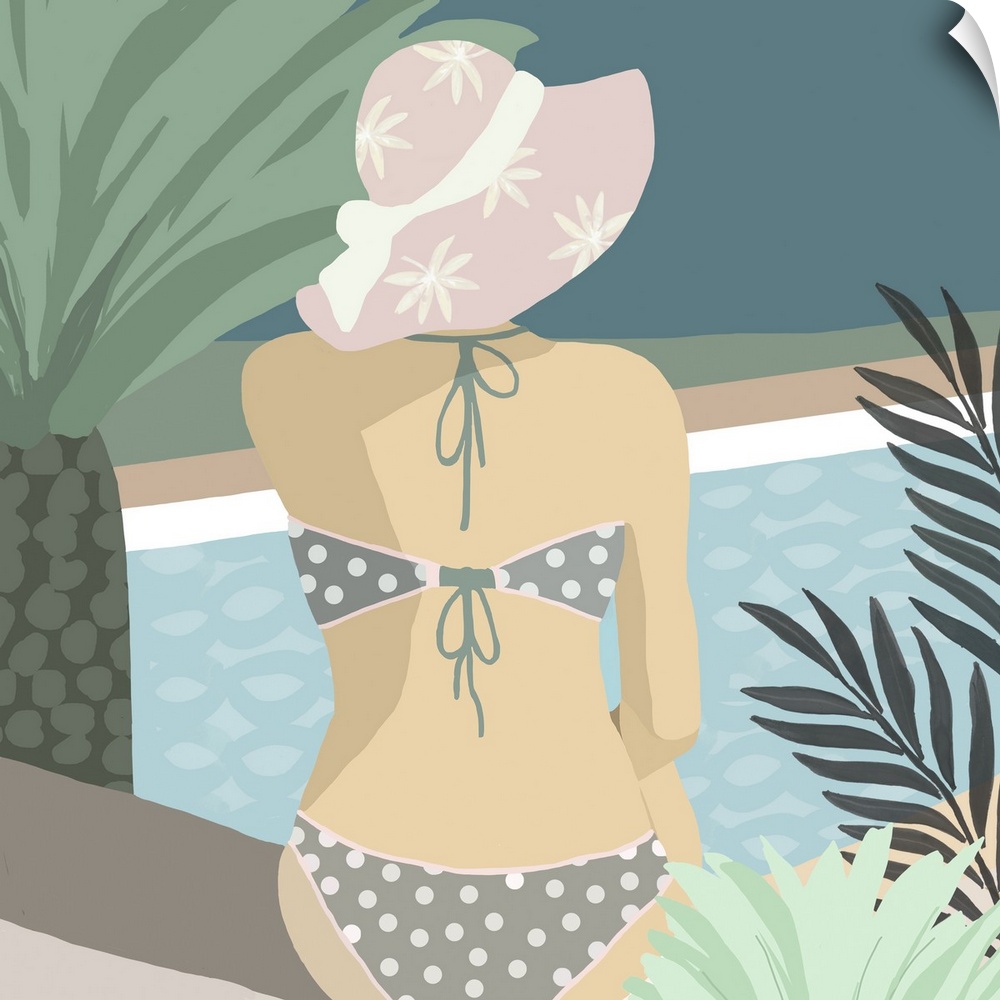 Woman in polka dot bikini sitting by a swimming pool with palm trees.