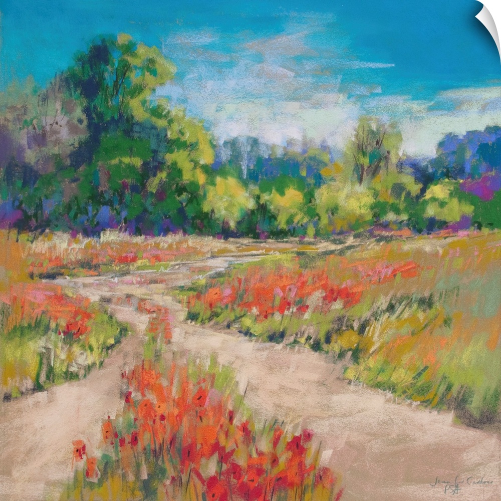 Pastel landscape painting of English countryside with trees and poppies.
