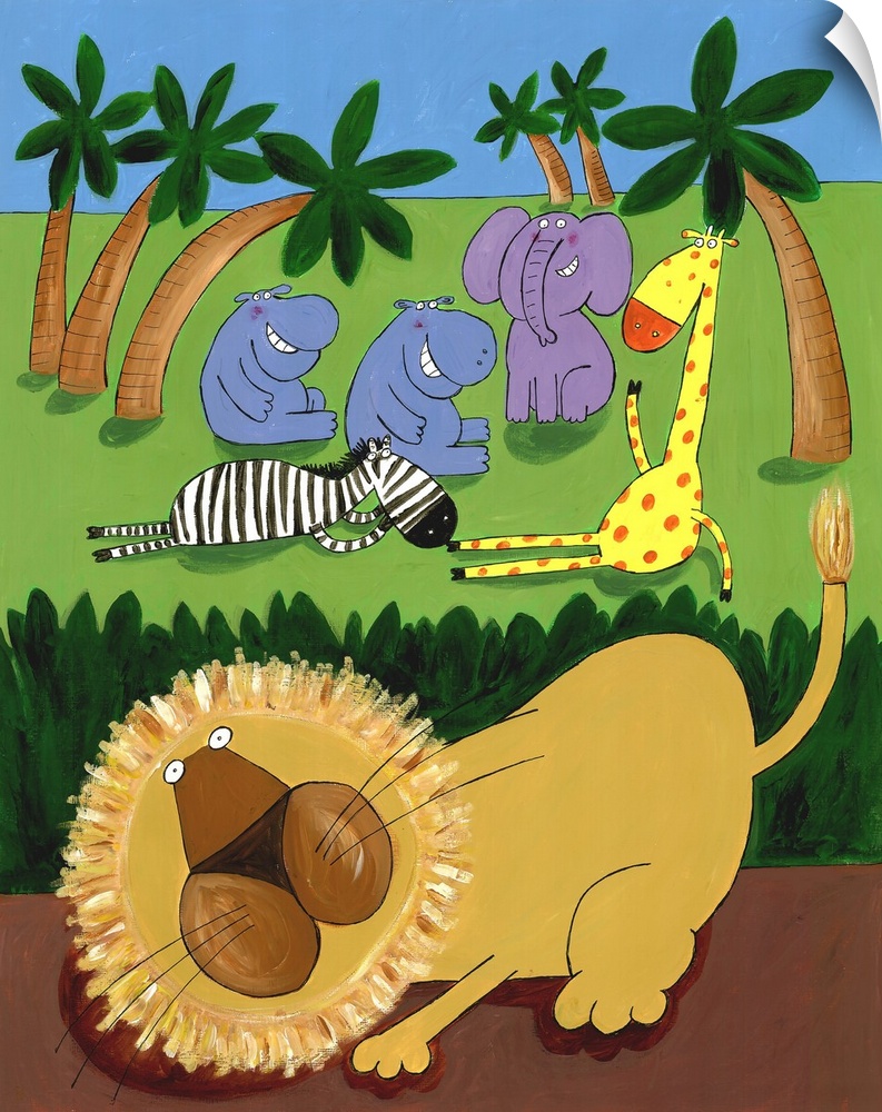 Giraffe, zebra and hippo have fun in the jungle while the lion prowls in the undergrowth.