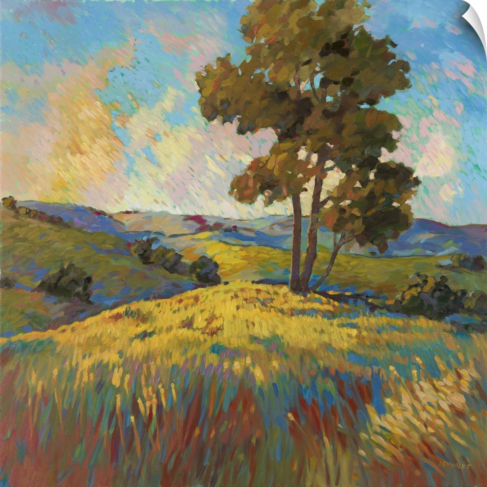 Contemporary landscape painting of a tree standing over a field at sunset.
