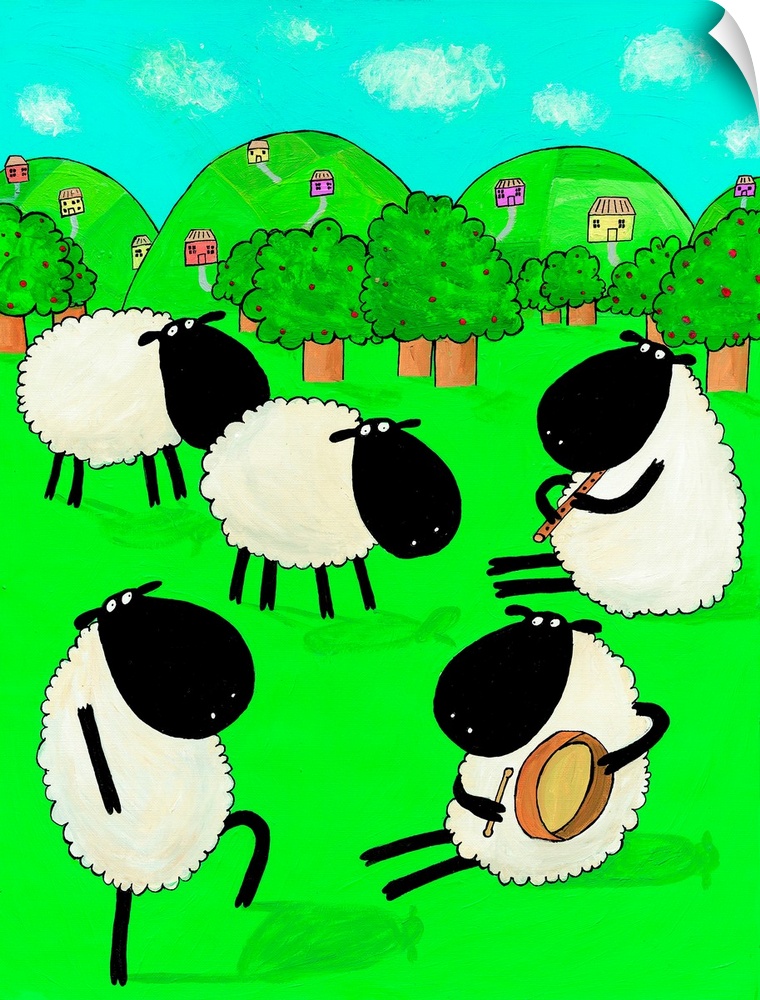 Sheep dancing in a field. Created by children's artist Carla Daly.
