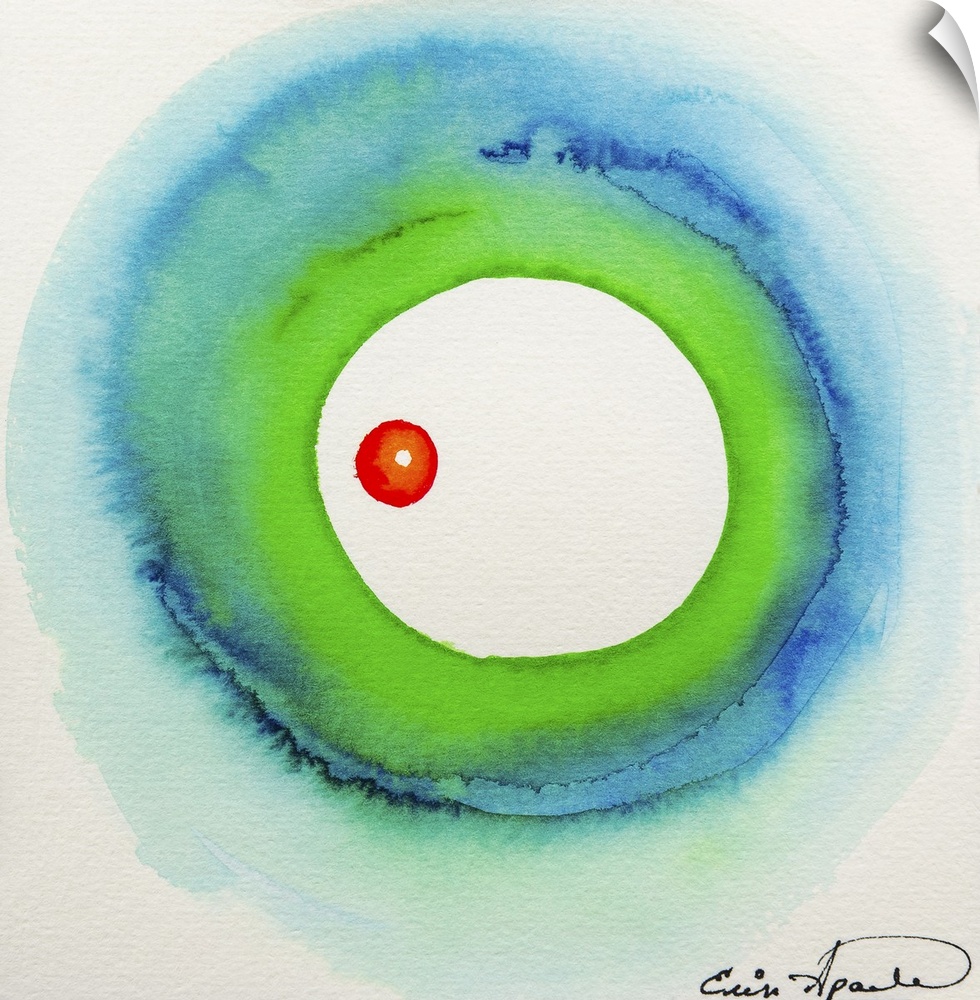 A small red circle appears to float cradled in the center of a soft green and blue wash of color.