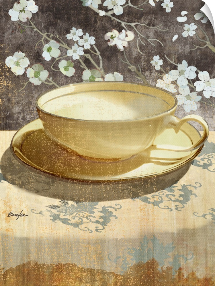 Contemporary artwork of a golden teacup sitting on a floral tablecloth.