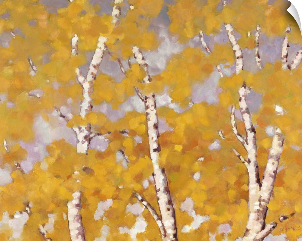 Contemporary painting of slender birch trees filled with orange leaves in the fall.
