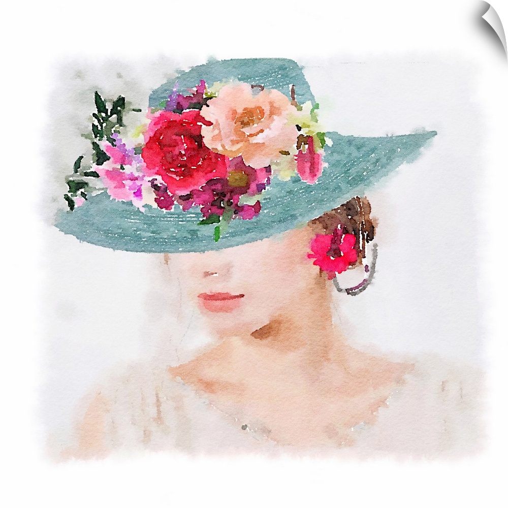 Watercolor portrait of a woman wearing a blue hat decorated with flowers on the brim.