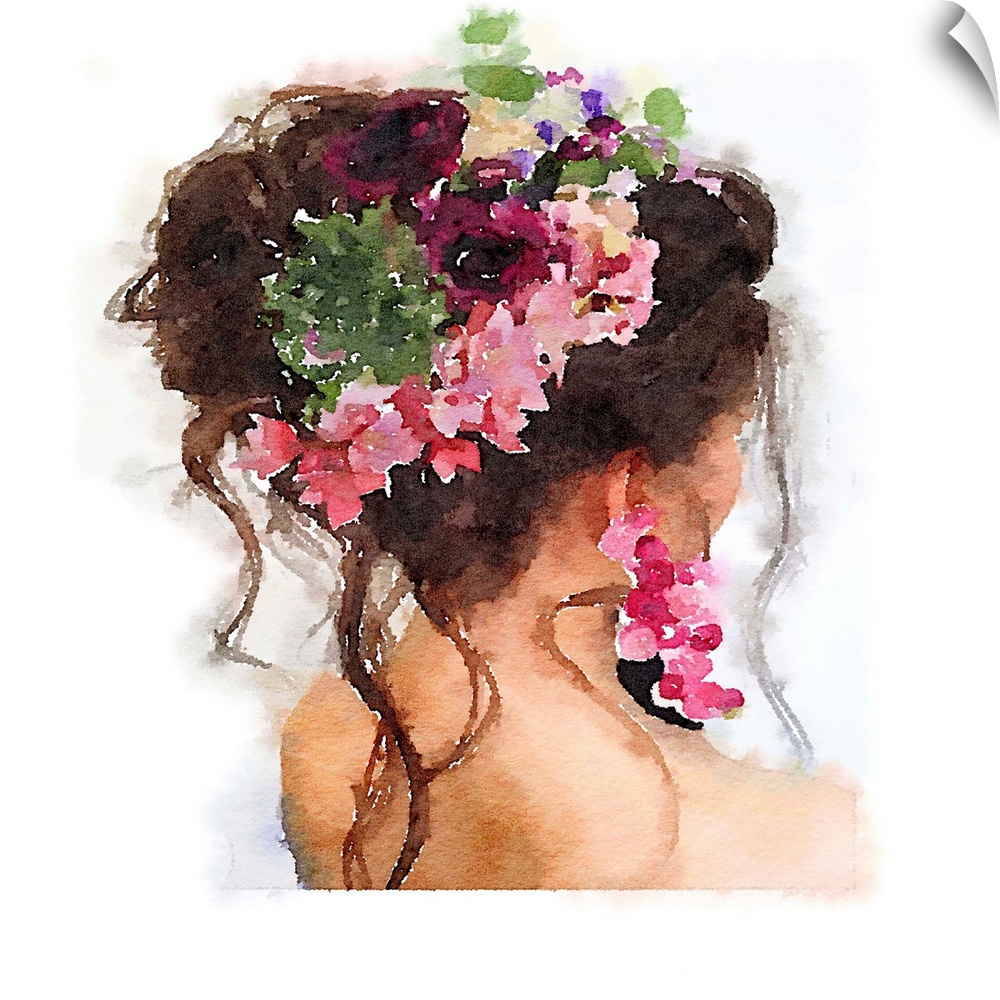 Watercolor portrait of a woman with her hair styled up and decorated with flowers.