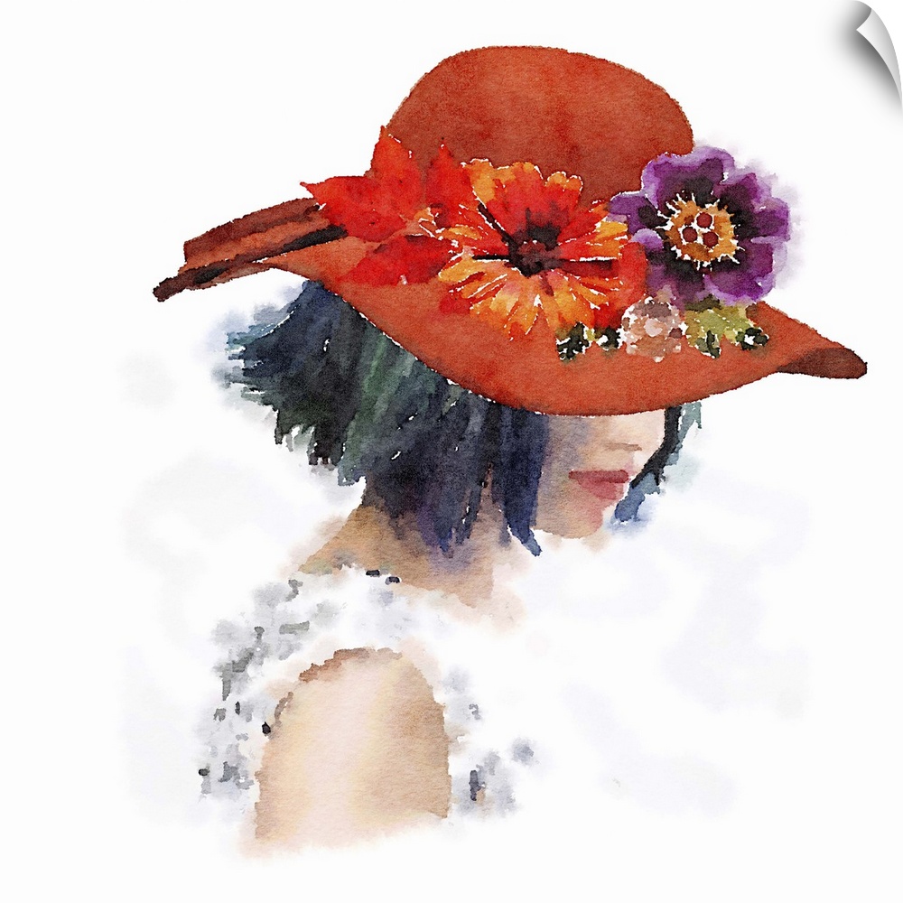 Watercolor portrait of a woman wearing a red hat decorated with flowers on the brim.