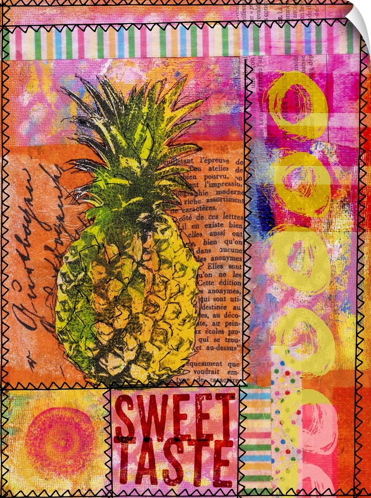 Colorful mixed media art with exotic pineapple and text elements.