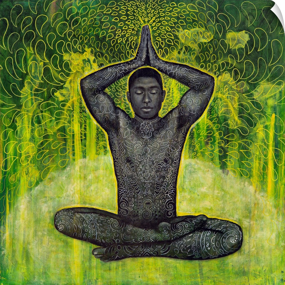 A man meditating and holding his hands over his head, decorated with swirls and florals on a green background.