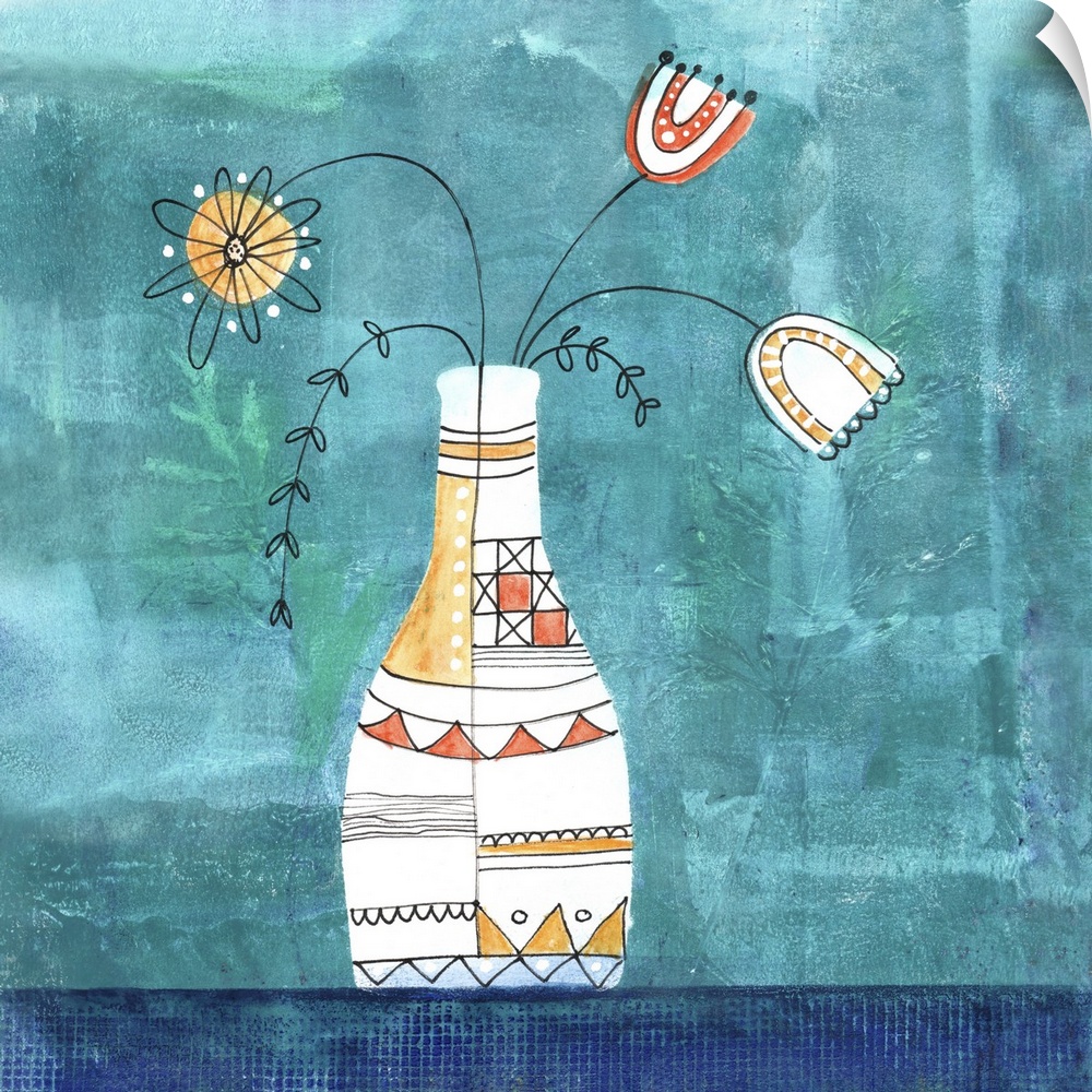 Whimsical flowers in vase mixed media painting.