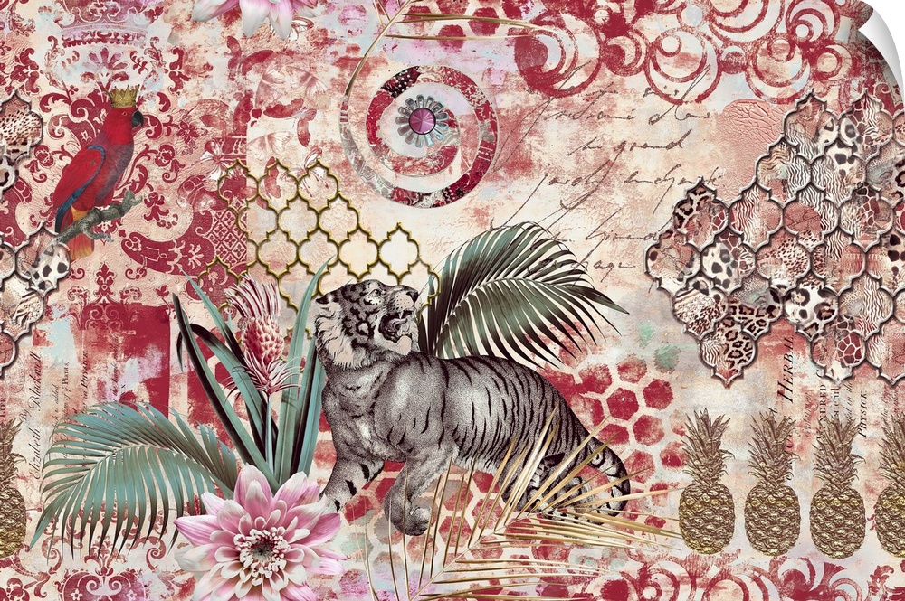 Retro style mixed media art with tiger, parrot, tropical plants, and ornaments.